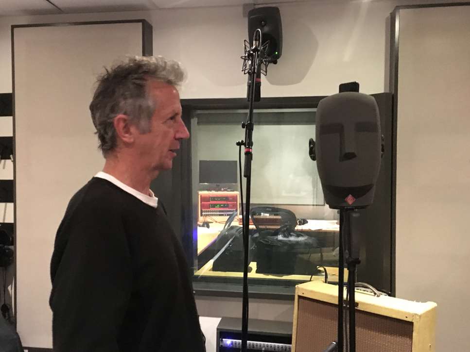 Blake Morrison and binaural microphone at National Theatre recording for The Stopping Train